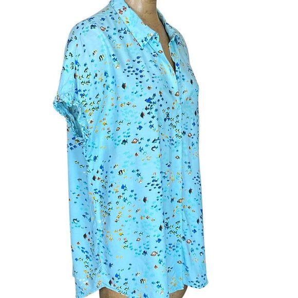 Beach Lunch Lounge Button Up Short Sleeve Top XL Novelty Tropical Fish #347J - Picture 5 of 11